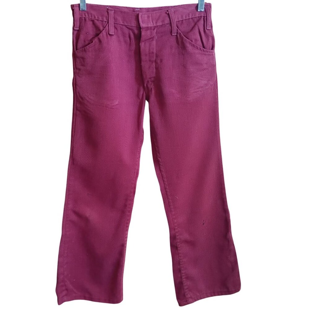 Vintage Mens Boootcut Jeans 29x27 70s PAINT RELIC BURGUNDY FLARE HIPPY JEANS